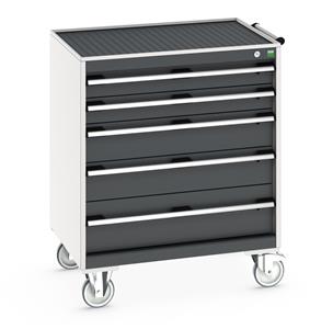 Bott Cubio 5 Drawer Mobile Cabinet with external dimensions of 800mm wide x 650mm deep  x 985mm high. Each drawer has a 50kg U.D.L. capacity with 100% extension and the unit also features drawer blocking and safety interlocks.... Bott Mobile Storage 800 x 650